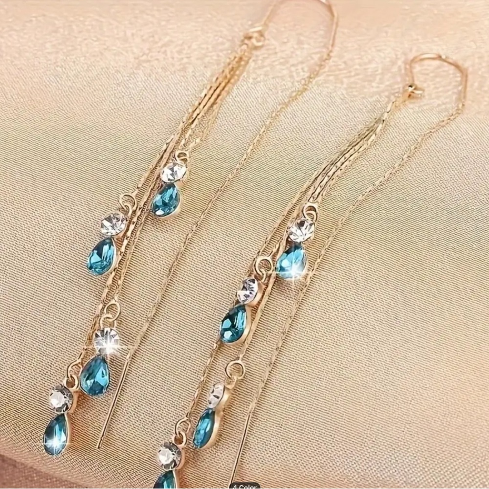 Blue Teardrop Threader Earrings